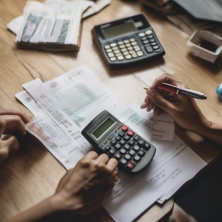 Bàn tay tính toán lãi suất vay bằng máy tính cầm tay, hợp đồng vay và tiền trên bàn