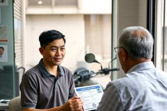 VN Finance: Vietnamese man in his early 30s, casual polo shirt, natural appearance, sitting across from a Vietnamese financial consultant at a small office desk