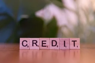 Các khối gỗ ghép thành chữ CREDIT trên nền lá mờ, minh họa khái niệm điểm tín dụng CIC