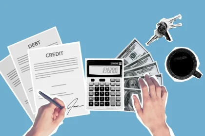 VN Finance: Top view of cutout paper composition of male signing credit paper while counting cash and apartment cost against blue background