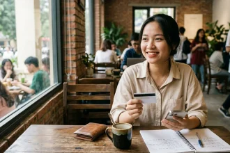 Sinh viên châu Á dùng thẻ tín dụng tại quán cà phê, minh họa thẻ tín dụng sinh viên tốt nhất 2026